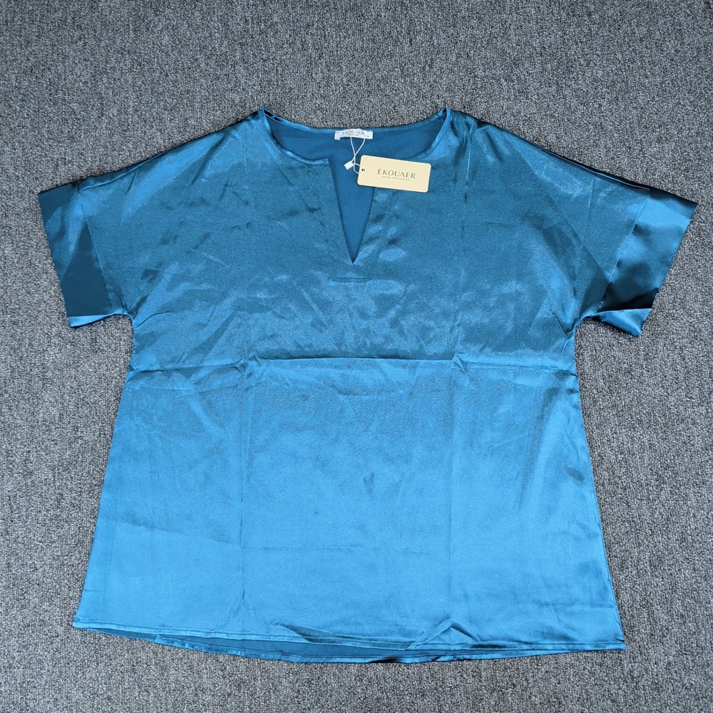 Ekouaer Modern Satin Split Neck Blouse Women Medium Teal Blue Short Sleeve Topโ
